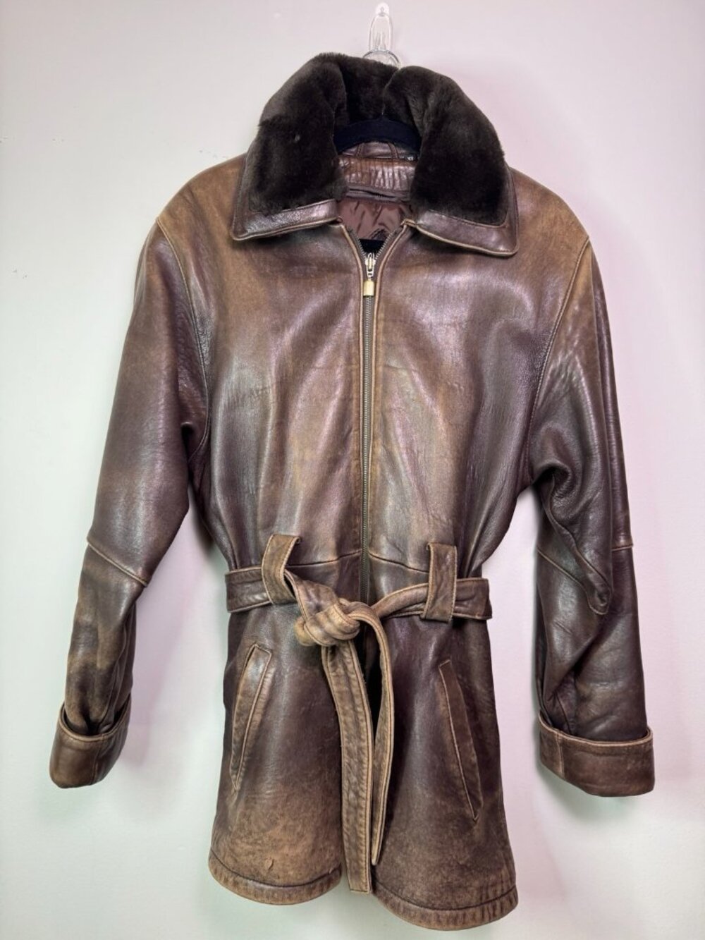 VTG Tibor Leathers Brown Leather Trench Coat Belted Fur Collar Jacket XS